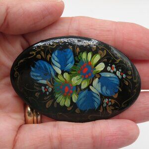 Vintage Russian Hand Painted Signed Black Lacquer Floral Brooch Pin